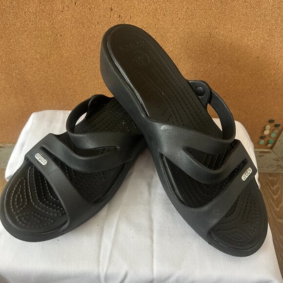 Crocs Wedge Sandals Slides Women’s 10 Black Platform Heels Rubber Comfort - Picture 1 of 6